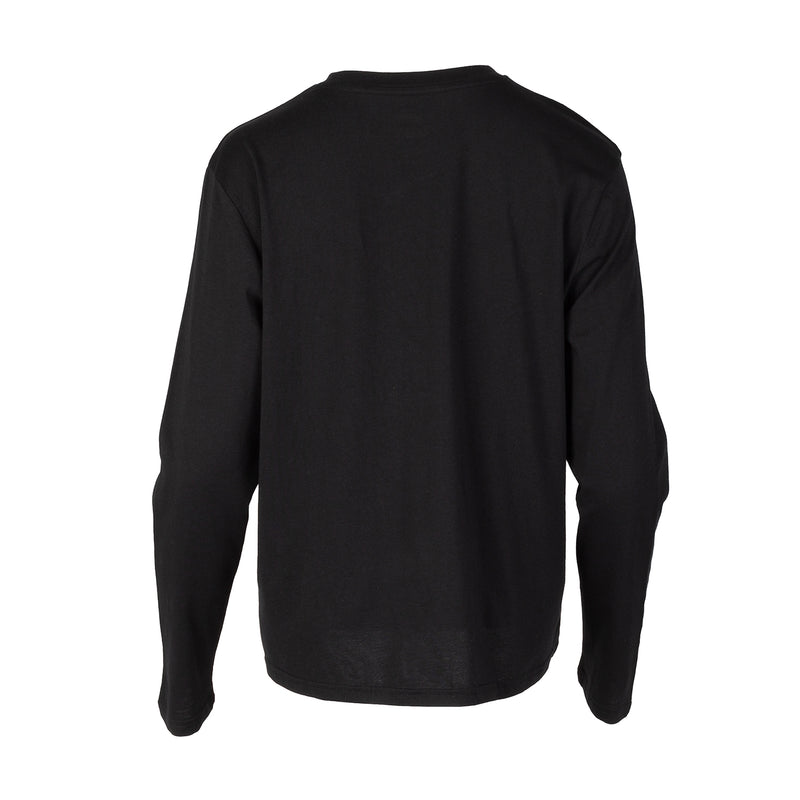 Women's black long-sleeve crewneck tee, back view