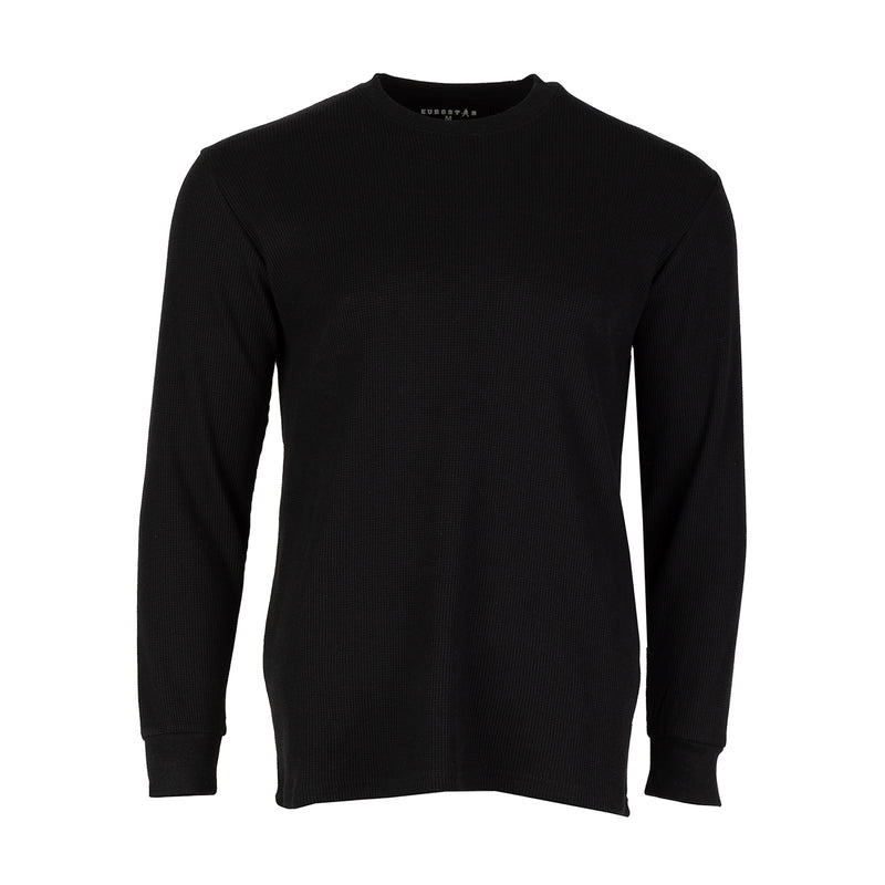 Black men's thermal long-sleeve crewneck shirt with ribbed cuffs and hem