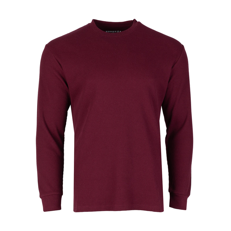 Men’s dark cherry long-sleeve thermal shirt with crew neck, front view
