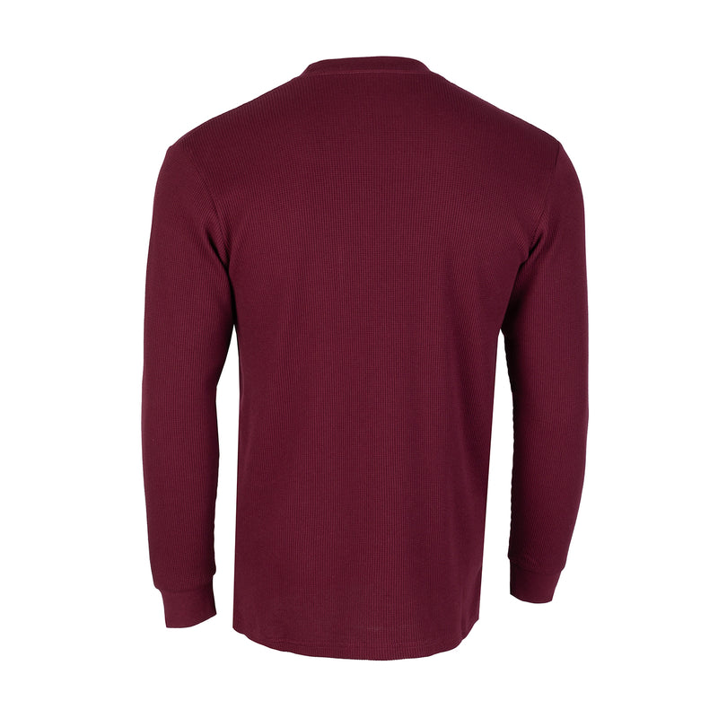 Men’s dark cherry long-sleeve thermal shirt with crew neck, back view