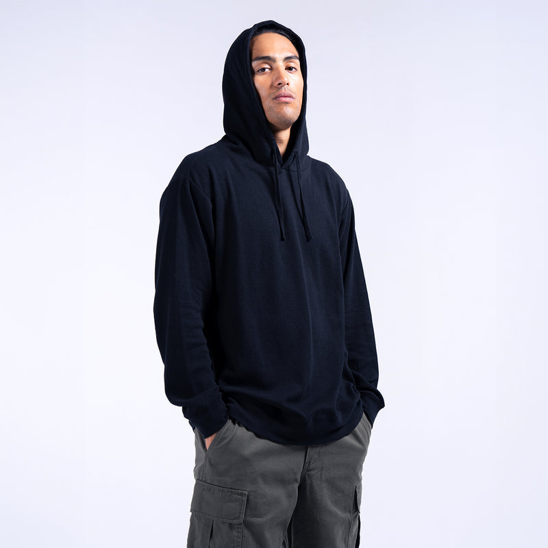 Black thermal pullover hoodie for men, side view, drawstring hood.