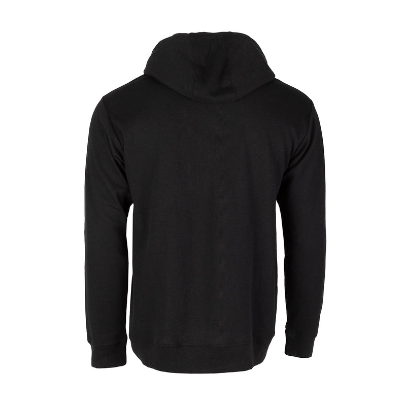 Black thermal pullover hoodie for men, back view, long sleeves, hood.
