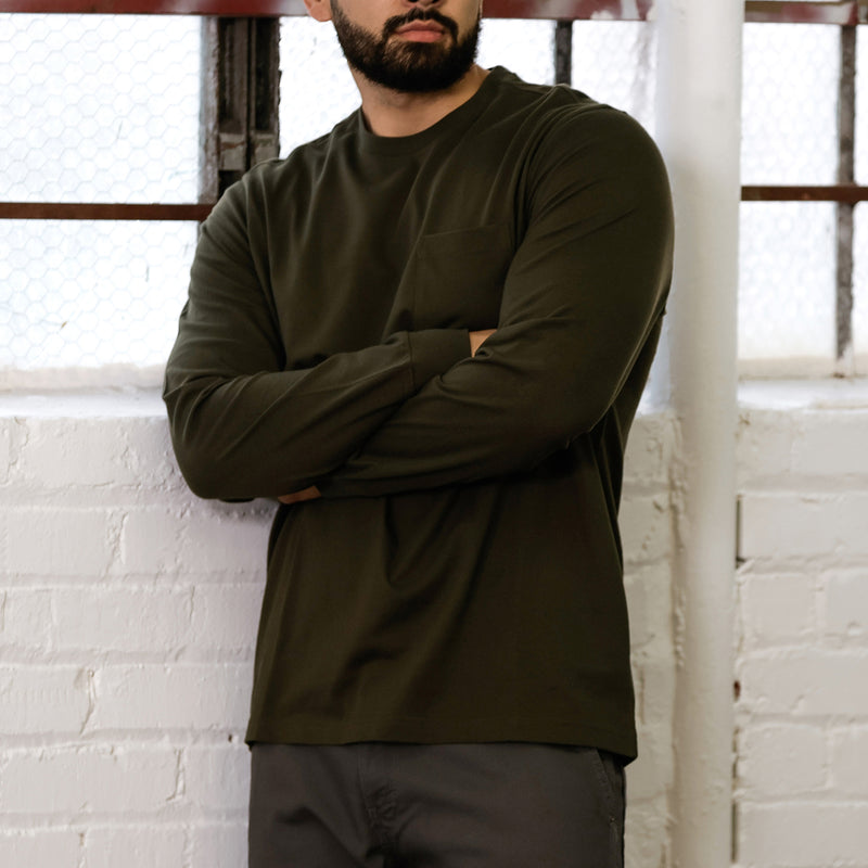 Olive men’s long-sleeve work shirt with crew neck, worn on model