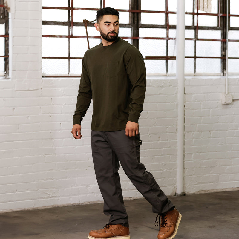 Olive men’s long-sleeve work shirt with crew neck, full-body view on model