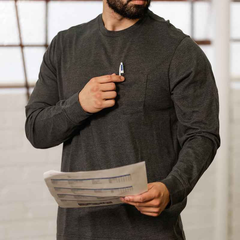 Charcoal grey long-sleeve crew neck work shirt with pen in chest pocket