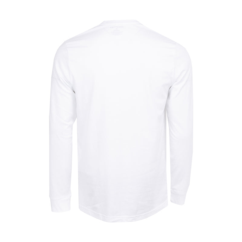 White men’s long-sleeve work shirt, back view with crew neck