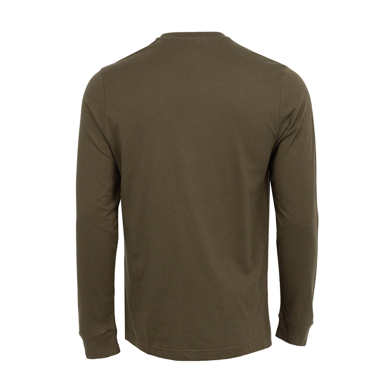 Olive men’s long-sleeve work shirt back view with long sleeves and straight hem