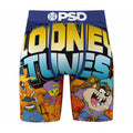 Men's Looney Tunes graphic boxer briefs, blue waistband, large text with cartoon characters