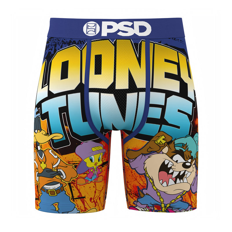 Men's Looney Tunes graphic boxer briefs, blue waistband, large text with cartoon characters