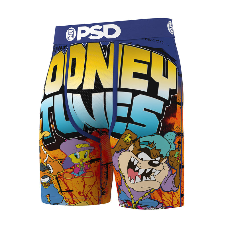 Men's Looney Tunes graphic boxer briefs, blue waistband, bold LOONEY TUNES lettering and characters