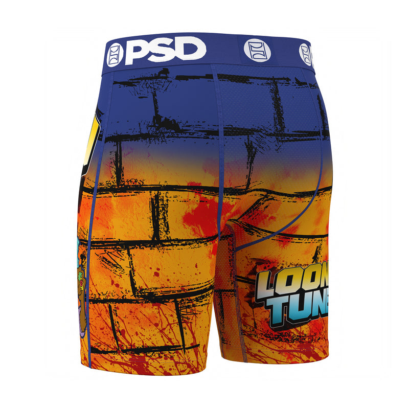 Men's Looney Tunes graphic boxer briefs, blue waistband, orange-red cityscape print with partial logo