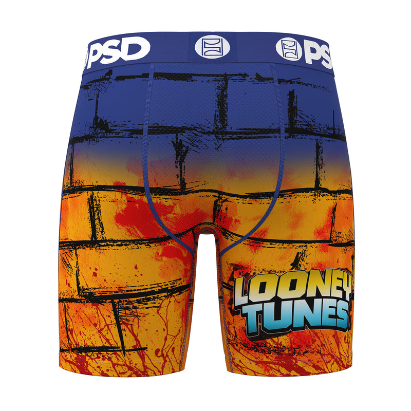 Men's Looney Tunes graphic boxer briefs, blue waistband, cityscape and Looney Tunes logo