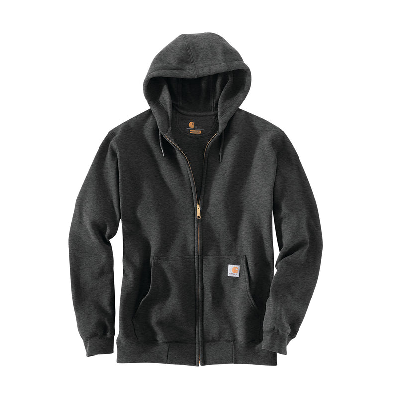 Heather gray zip-front hoodie with attached hood, drawstrings, and logo chest patch