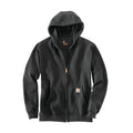 Heather gray zip-front hoodie with attached hood, drawstrings, and logo chest patch