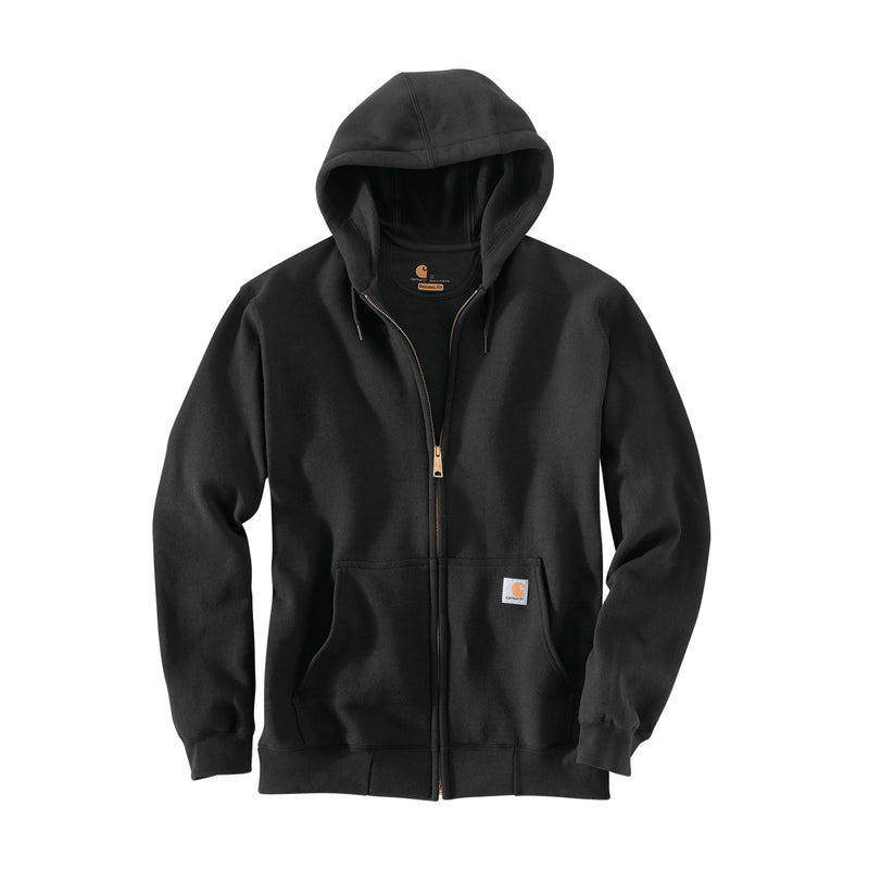 Black full-zip hoodie with hood, drawstrings, and front pocket