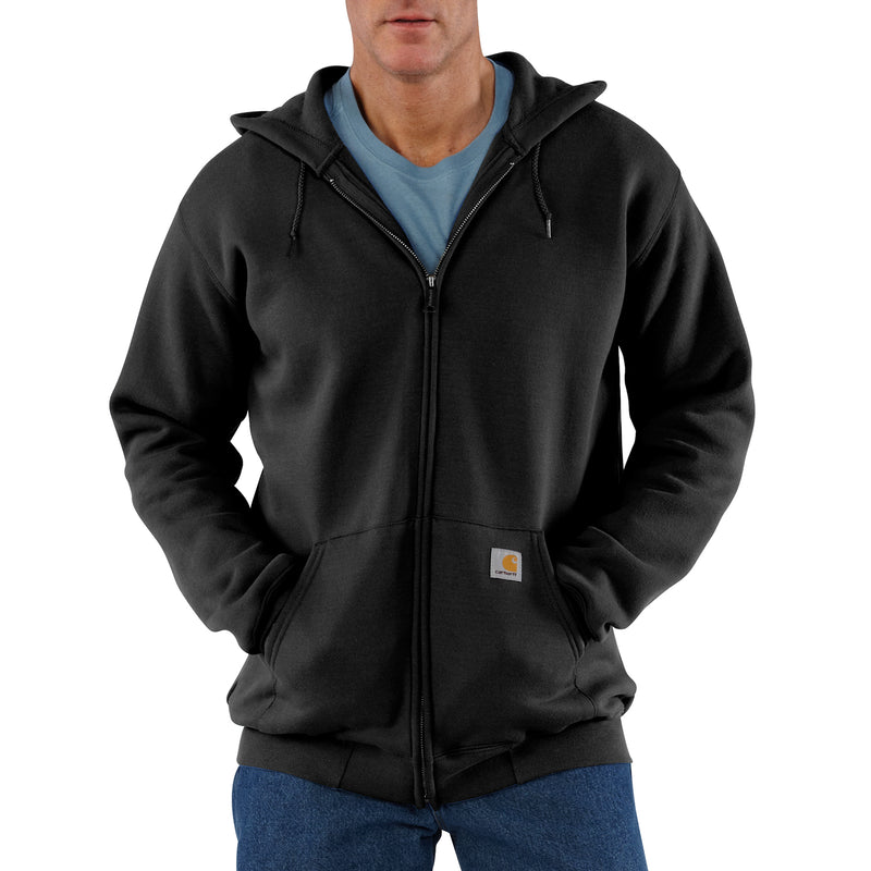 Black full-zip hoodie with hood and front pocket, logo patch on chest