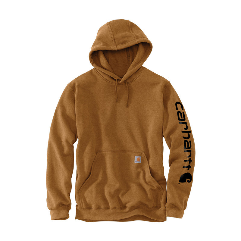 Brown men's loose-fit hoodie with hood, drawstring, kangaroo pocket, chest logo patch