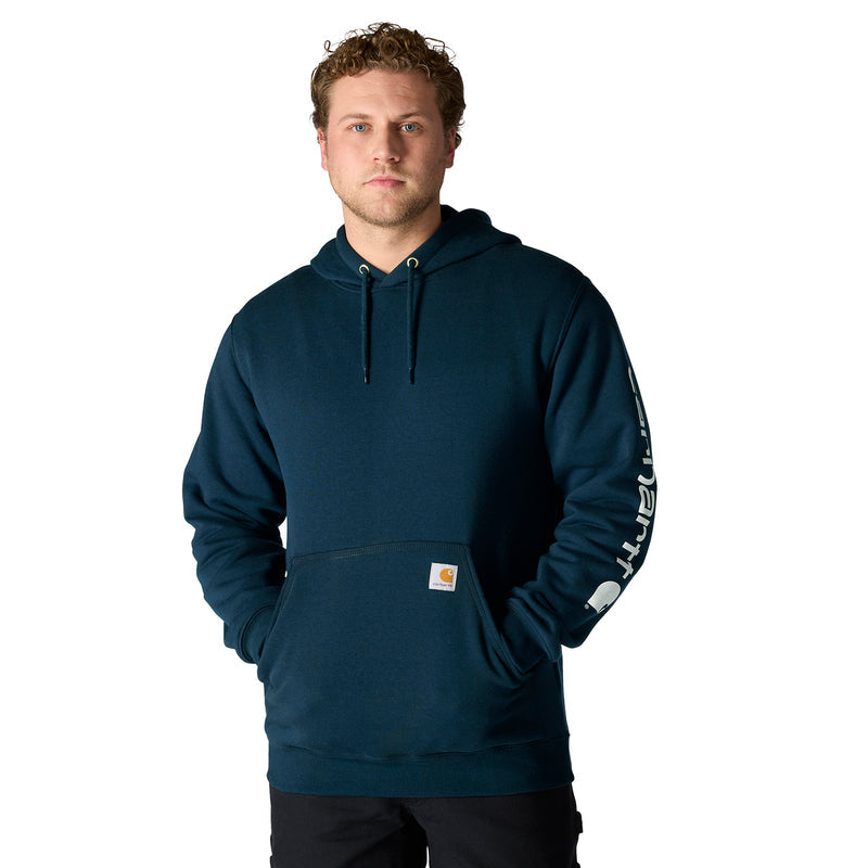 Men's loose-fit hoodie with hood and drawstrings, dark navy teal; sleeve logo.