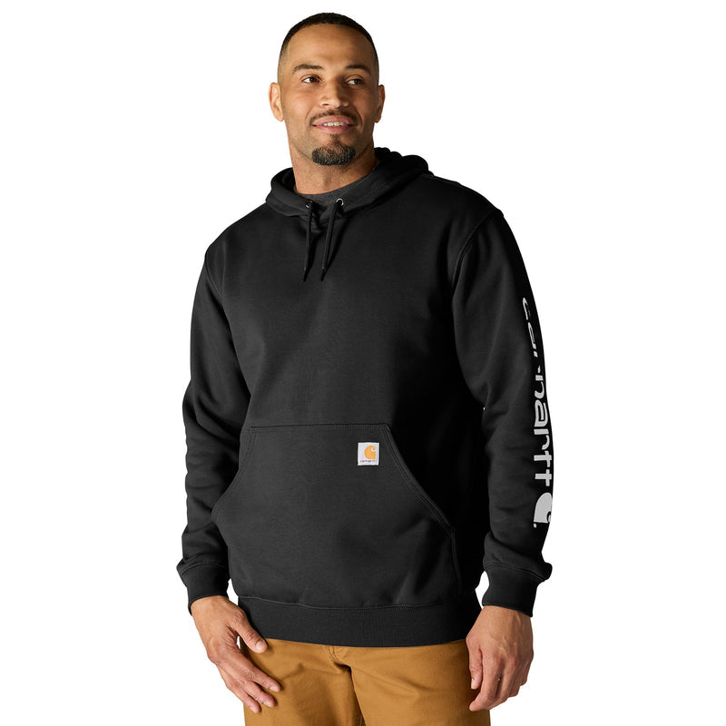 Black men's hoodie with hood, drawstrings, kangaroo pocket, and sleeve logo print