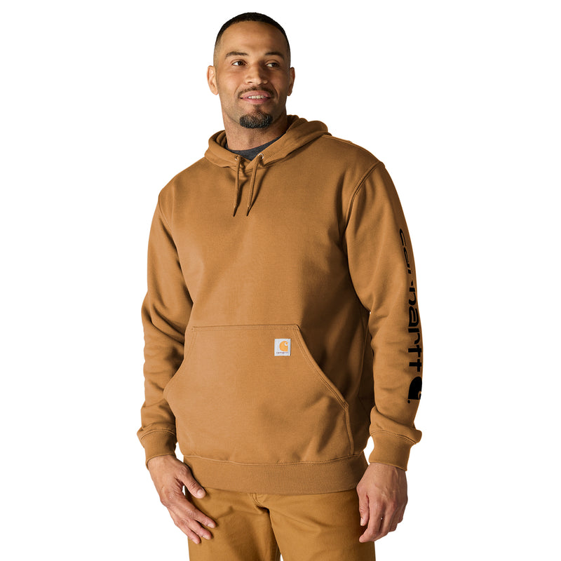 Brown men's hoodie with hood, drawstring, kangaroo pocket and side sleeve logo print