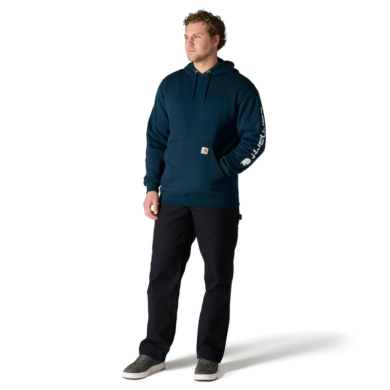 Loose-fit hoodie for men, dark navy teal, hooded neckline and front kangaroo pocket.