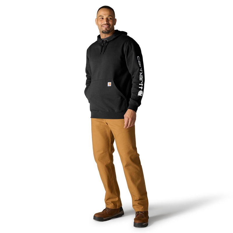 Black pullover hoodie with hood, drawstrings, kangaroo pocket, and vertical sleeve logo