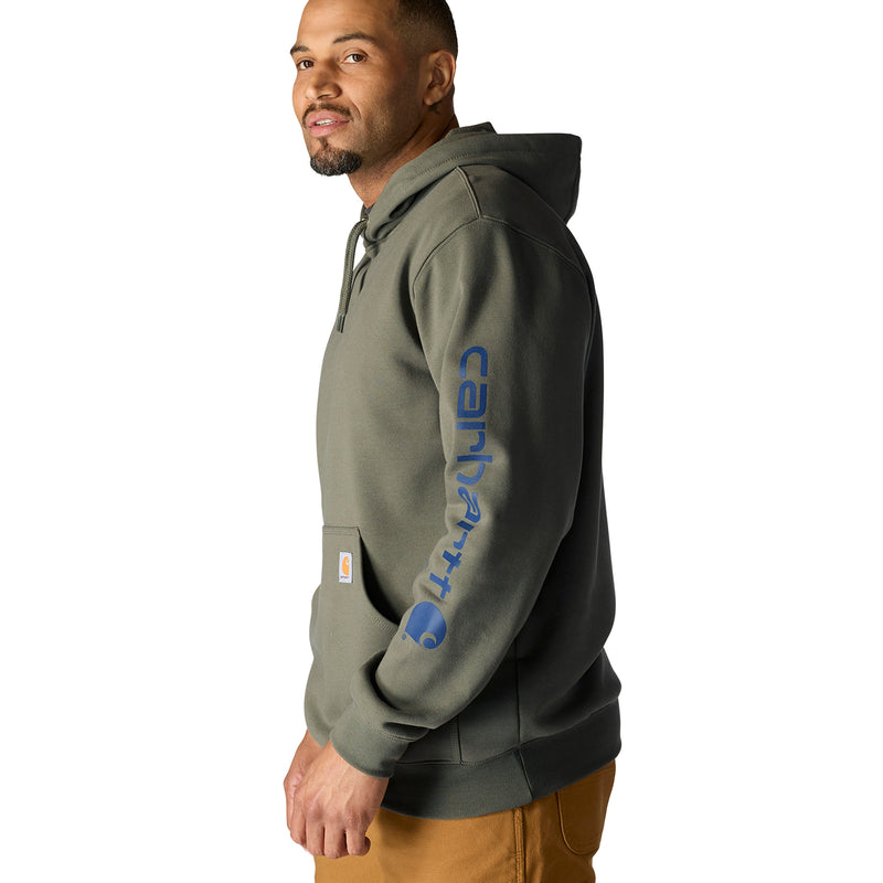Men's dusty olive pullover hoodie, side view with blue sleeve graphic
