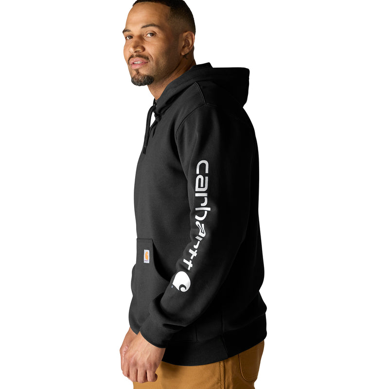Black men's hoodie with pullover hood, kangaroo pocket, and vertical sleeve logo