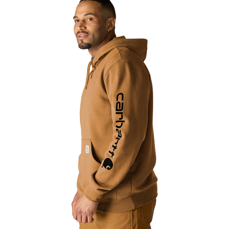 Brown men's hoodie with hood, kangaroo pocket, sleeve logo print, Carhartt patch