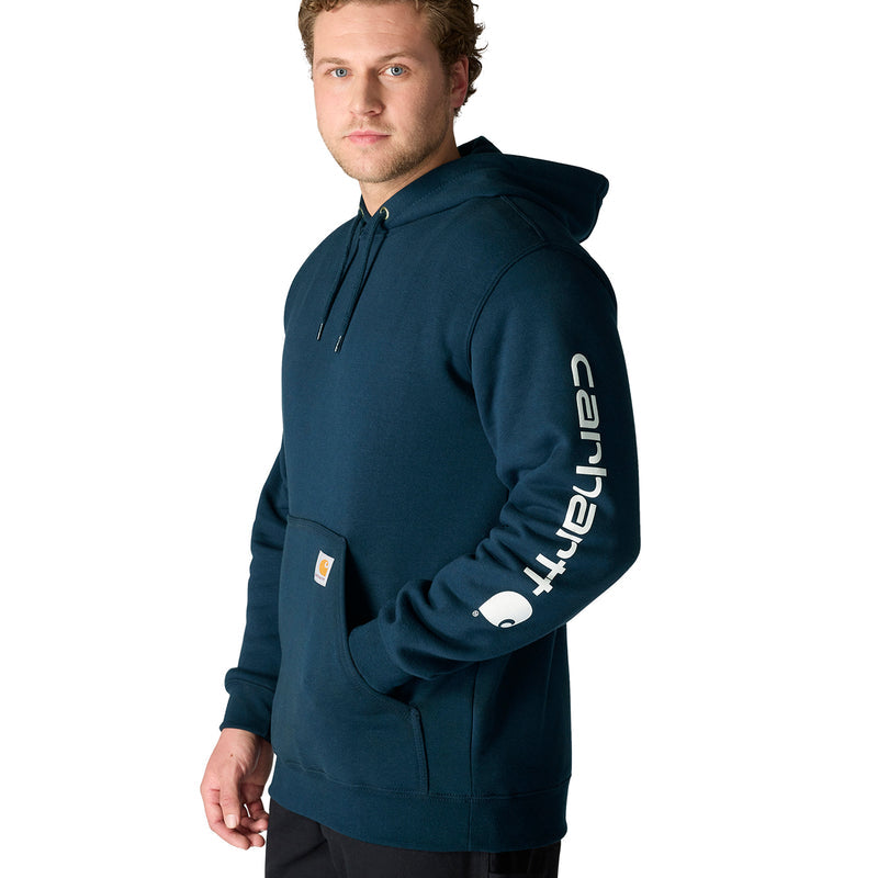 Men's hoodie, dark navy teal, side view with sleeve logo and drawstring hood.