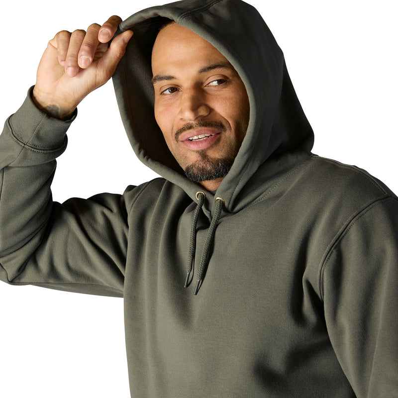 Men's dusty olive pullover hoodie with drawstring hood and front detail