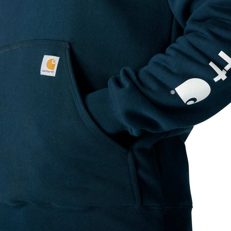 Hoodie pocket close-up with Carhartt label, dark navy teal fabric texture.