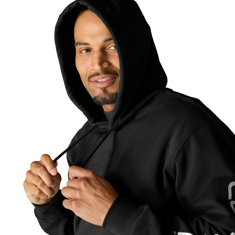 Black men's loose-fit hoodie, pullover hood and straight hem; back view