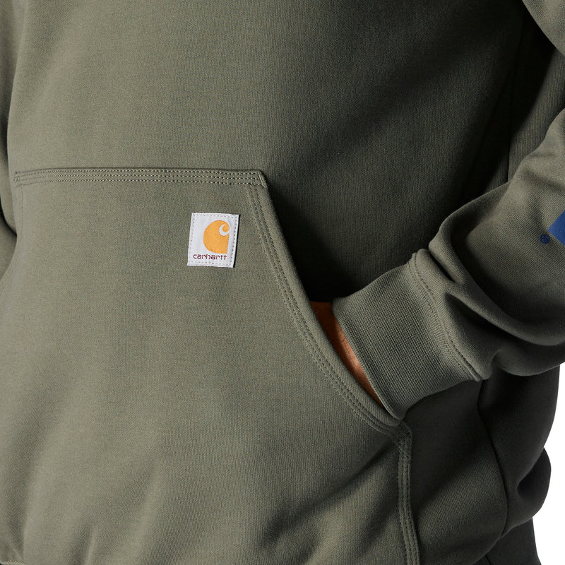 Carhartt logo patch on dusty olive pullover hoodie chest pocket