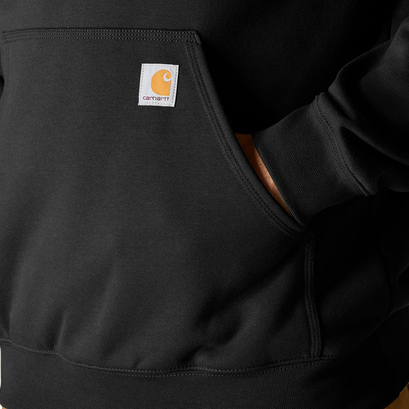 Black hoodie front pocket with square logo patch; ribbed cuff detail
