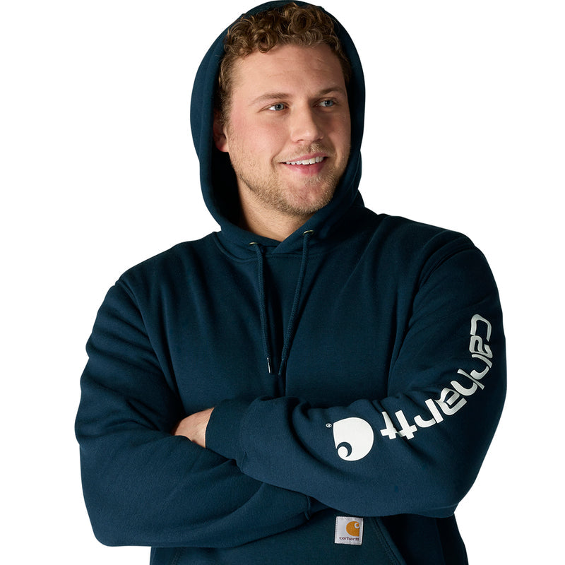 Men's hoodie with hood, dark navy teal; front view with sleeve logo and drawstrings.