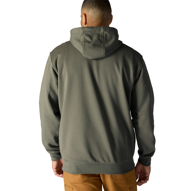 Men's dusty olive pullover hoodie, back view with hood and ribbed hem