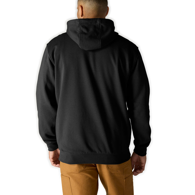 Black hoodie back view with pullover hood and ribbed waistband; clean hem