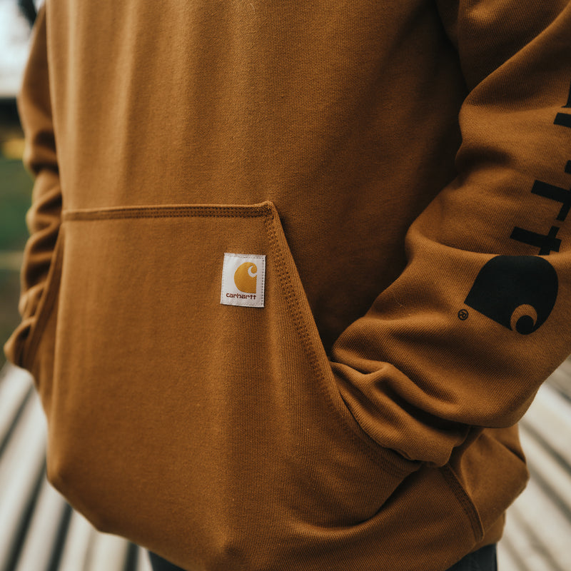 Brown hoodie pocket with Carhartt logo patch