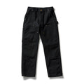 Men's black straight work dungaree pants with double-front panels, cargo pockets, metal buttons