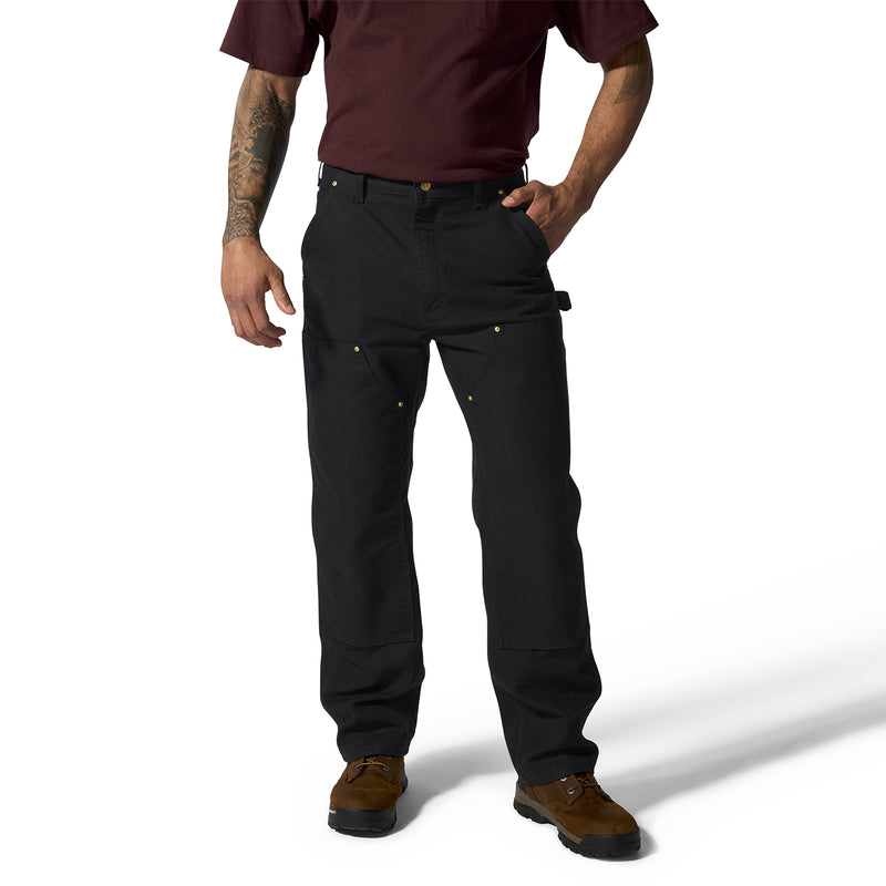 Men's black straight work dungaree pants with cargo pockets and snap button details