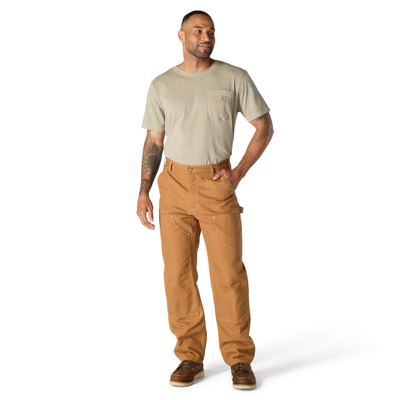 Men's brown duck dungaree pants worn with a crew T-shirt, straight fit and multiple pockets