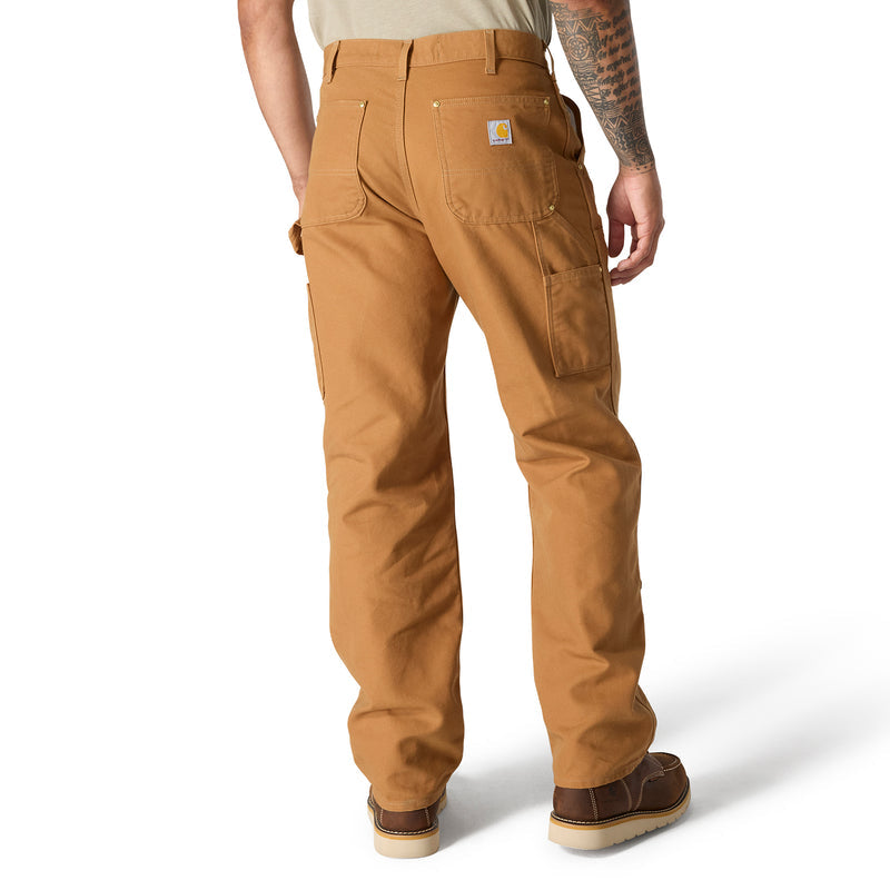 Men's brown dungaree pants front view with straight legs, belt loops, and ankle cuffs