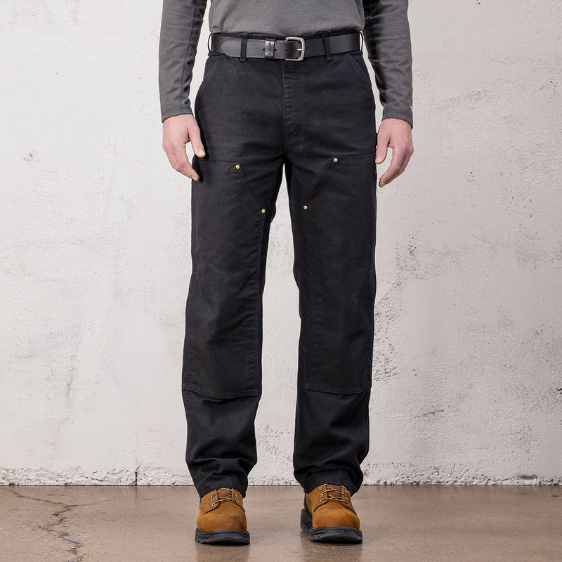 Men's black straight work dungaree pants with cargo pockets and belt loops
