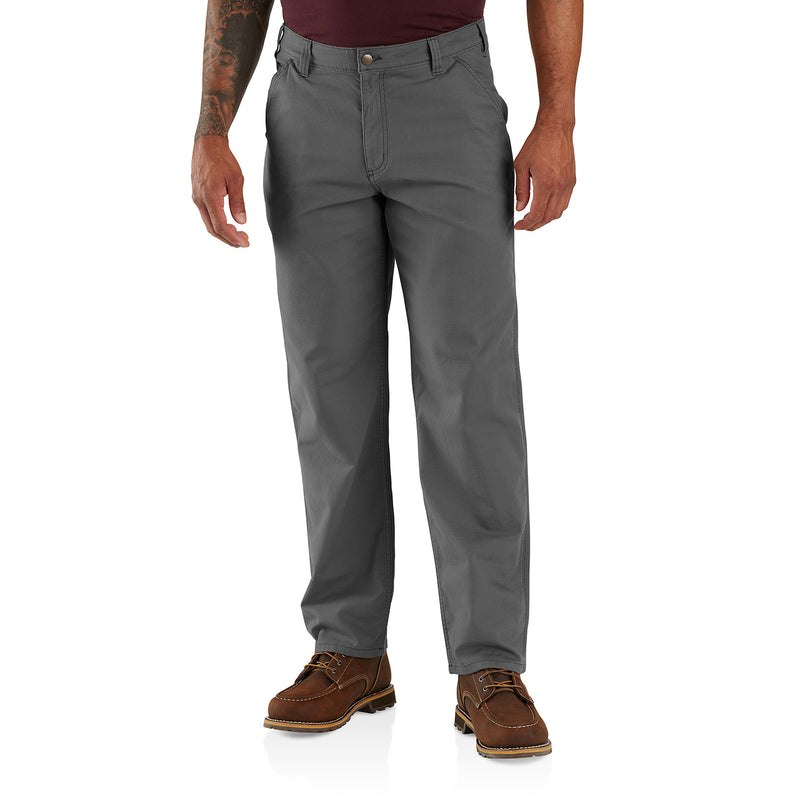 Men's loose straight work pants in dark gray gravel, featuring button fly and front pockets