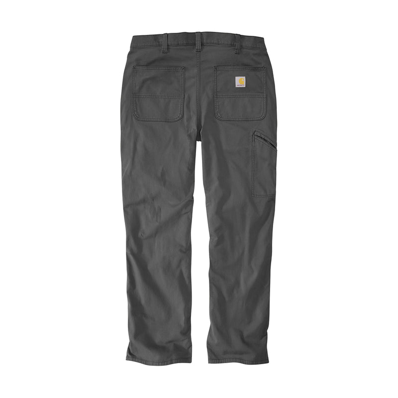 Loose straight work pants, dark gray gravel, with button fly, front pockets, and belt loops