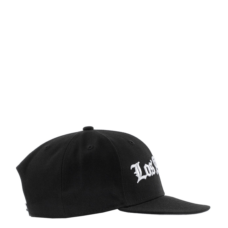 Black baseball cap with partial white side logo on the front