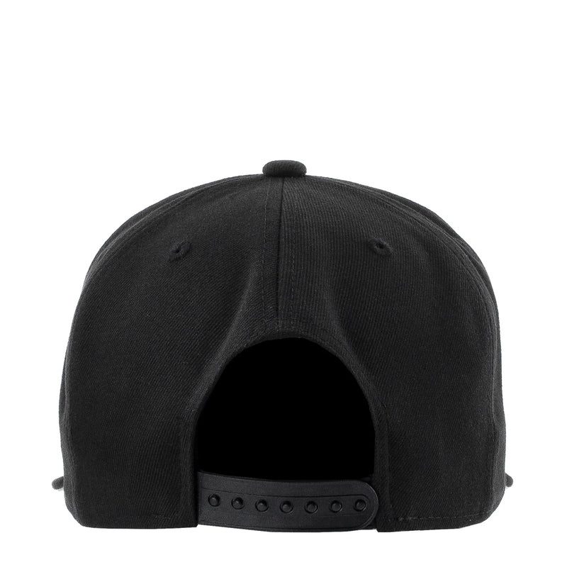 Black baseball cap back view with adjustable strap and ventilation eyelets