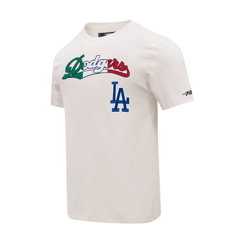 Men's Dodgers Allegiance T-shirt in eggshell, angled front with Dodgers and LA logos