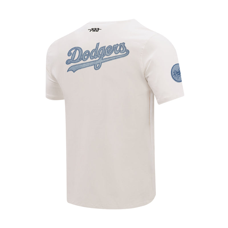 Men's Dodgers Allegiance T-shirt in eggshell, back view with blue Dodgers wordmark